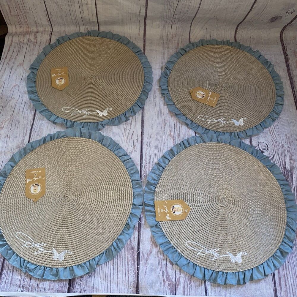 Dolly Parton Blue Ruffle Placemats Set of 4  Butterfly Weave Farmhouse
